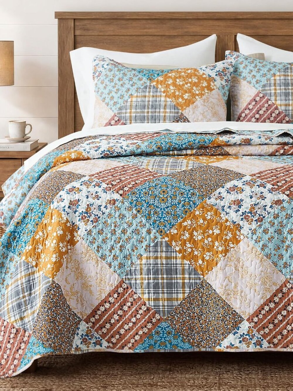 Multicolor Patchwork Queen Quilt Set, Reversible Country Vintage Farmhouse Flora